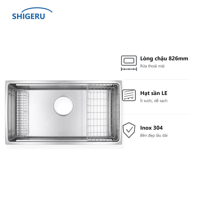 Chậu 1 hố Shigeru LE JSL-K 2F FS lòng chậu dài rộng bằng inox 304