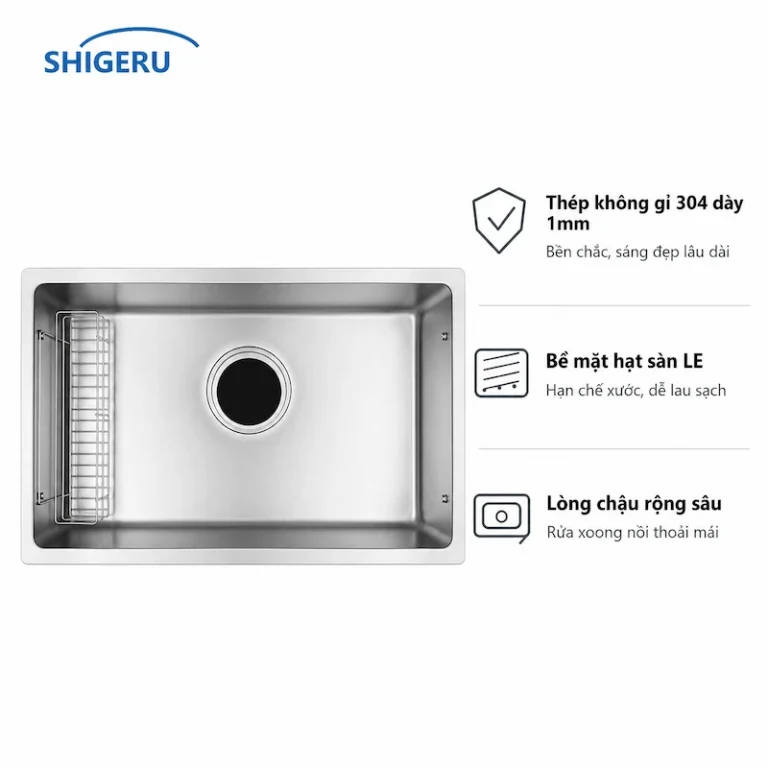 Chậu 1 hố Shigeru LE JSN-K FS bằng thép không gỉ 304 dày 1 mm