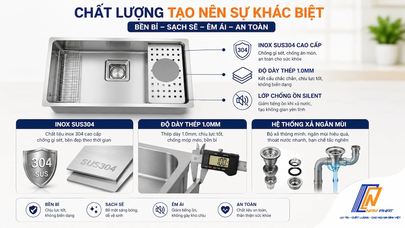 Chất liệu inox SUS304 và công nghệ chống ồn trên chậu rửa Shigeru nội địa Nhật.