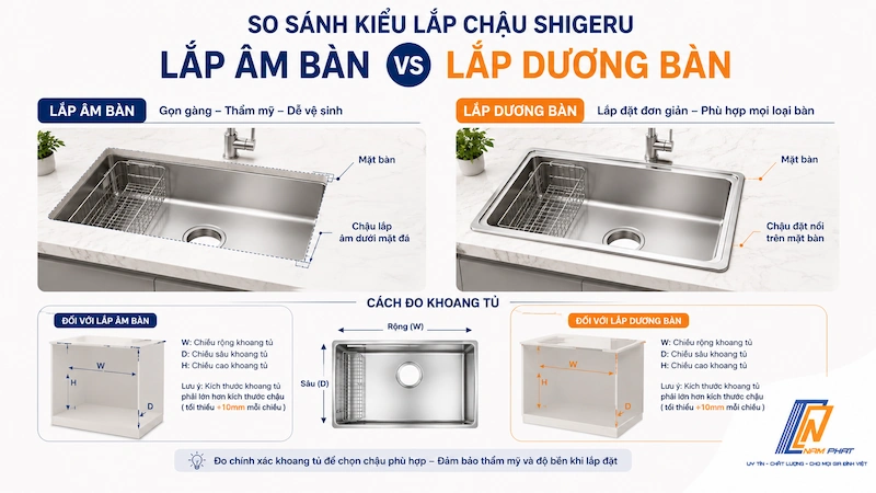 Chậu rửa Shigeru lắp âm bàn và dương bàn cho bếp.
