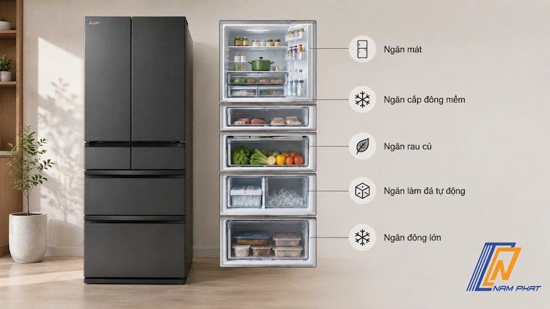 Giao diện mô phỏng các ngăn chứa của dòng tủ 6 cánh Mitsubishi cao cấp