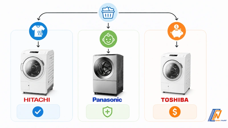 Hướng dẫn chọn máy giặt nội địa Nhật theo nhu cầu - Hitachi, Panasonic hay Toshiba.