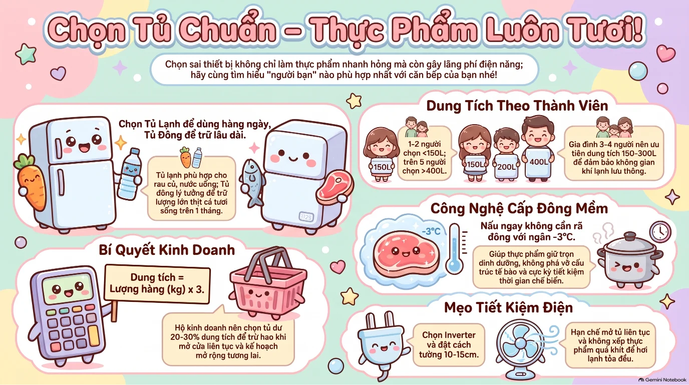 Chọn tủ lạnh lớn hoặc tủ cấp đông theo nhu cầu chứa đồ mát và đồ đông