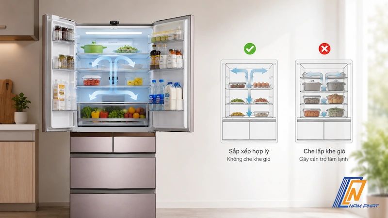 Cách sắp xếp thực phẩm hợp lý không che khe gió làm lạnh cấp tốc