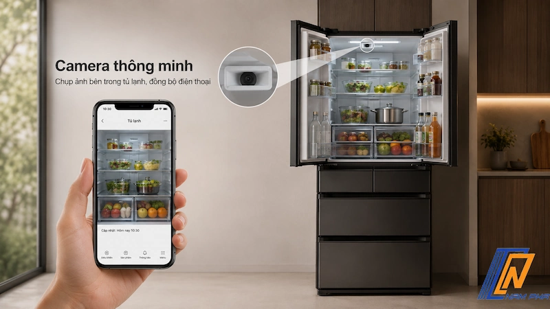 Camera thông minh chụp ảnh bên trong tủ lạnh Hitachi đồng bộ điện thoại