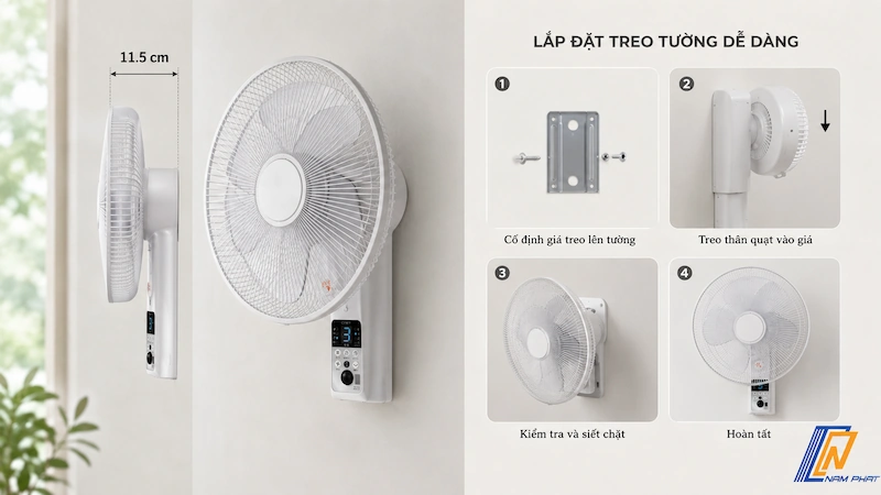 Kích thước mỏng gọn và hướng dẫn lắp đặt treo tường của quạt Cnet CKAJ403WH