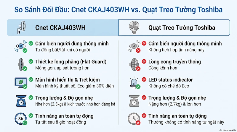 So sánh thiết kế quạt treo tường Cnet CKAJ403WH với dòng quạt treo tường Toshiba