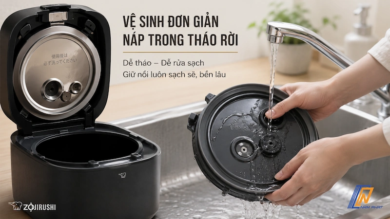Vệ sinh đơn giản nắp trong tháo rời của nồi cơm điện Zojirushi NW-FC10
