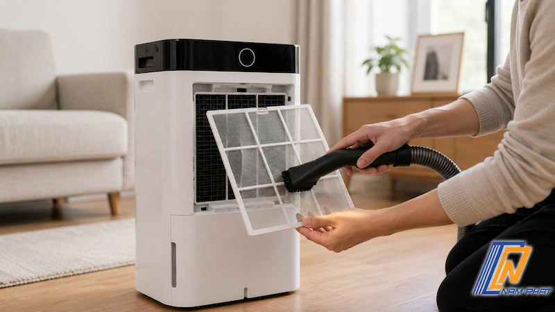 Tháo và dùng máy hút bụi vệ sinh màng lọc bụi thô sau máy hút ẩm định kỳ