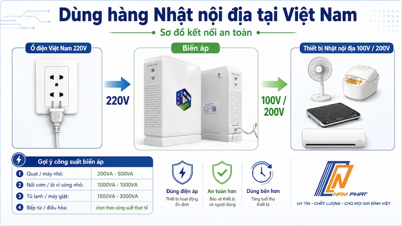 Sơ đồ kết nối biến áp đổi nguồn từ 220V sang 100V cho hàng Nhật nội địa tại Việt Nam.