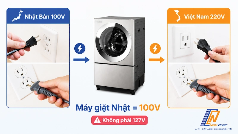 Điện Nhật Bản 100V khác điện Việt Nam 220V - cần biến áp đổi nguồn để dùng máy giặt nội địa Nhật.