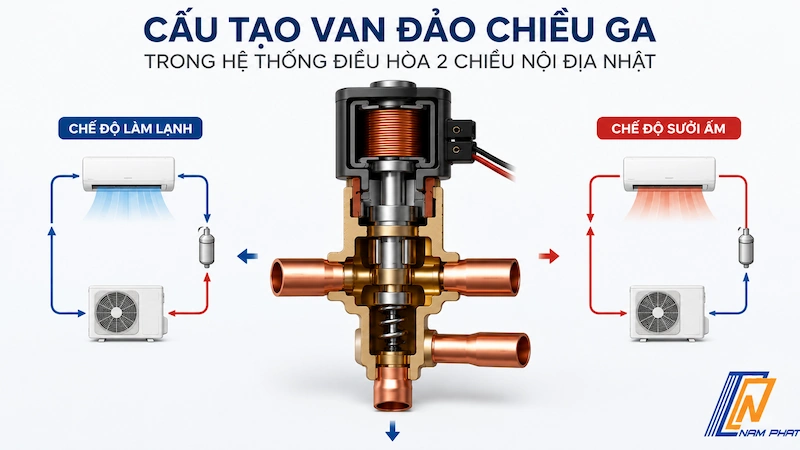 Cấu tạo van đảo chiều ga trong hệ thống điều hòa 2 chiều nội địa Nhật
