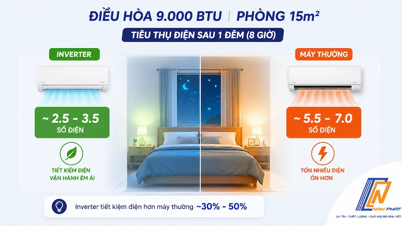 Mức tiêu thụ điện của điều hòa 9.000 BTU Inverter cho phòng 15m2.
