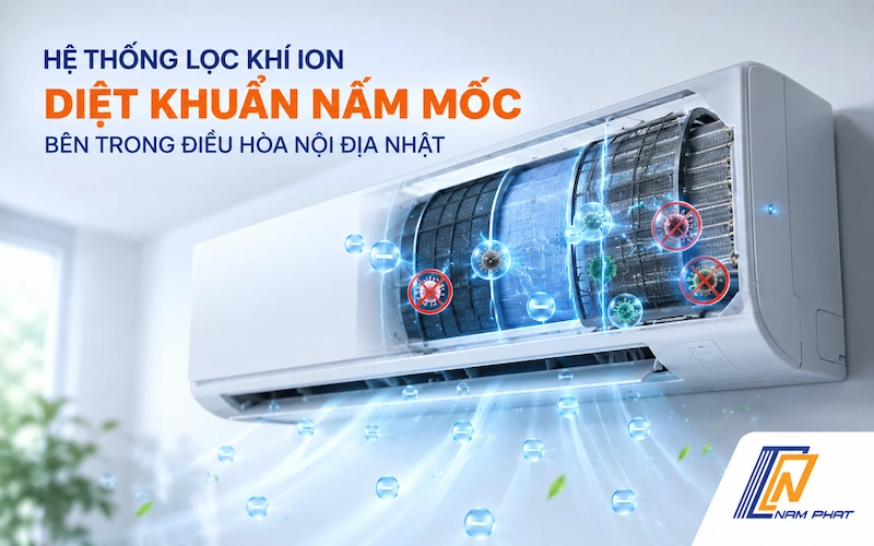 Hệ thống lọc khí ion diệt khuẩn nấm mốc bên trong điều hòa nội địa Nhật