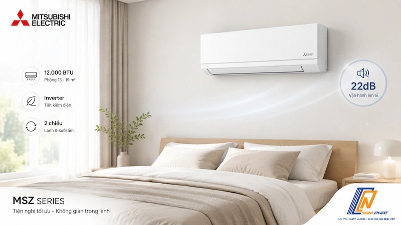 Điều hòa Mitsubishi Electric MSZ nội địa Nhật lắp trong phòng ngủ, nổi bật với tiếng ồn thấp.