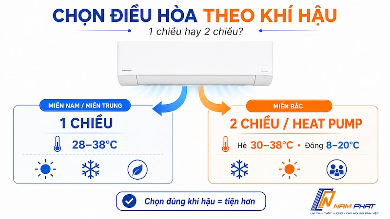 Hướng dẫn chọn điều hòa Nhật nội địa 1 chiều hay 2 chiều theo vùng khí hậu Việt Nam.