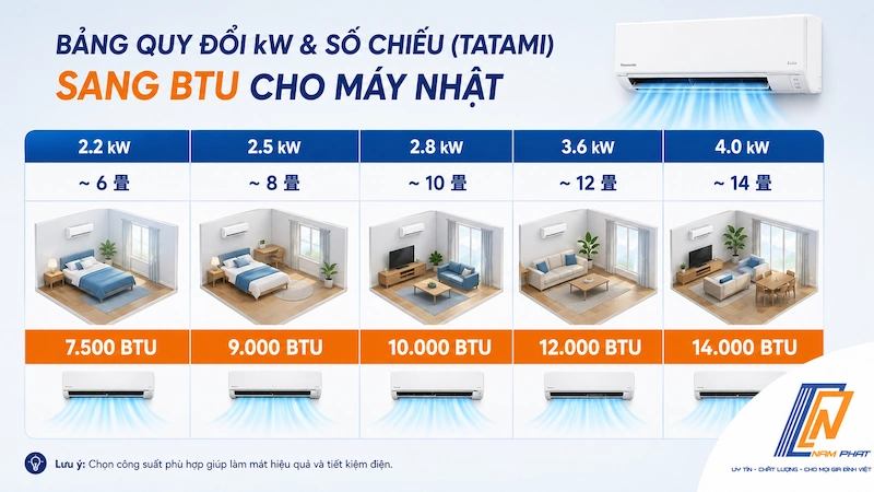 Quy đổi công suất kW và số chiếu tatami sang BTU của điều hòa nội địa Nhật.