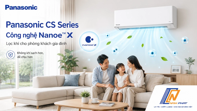 Điều hòa Panasonic CS series nội địa Nhật với công nghệ lọc khí Nanoe-X, phù hợp phòng khách gia đình.
