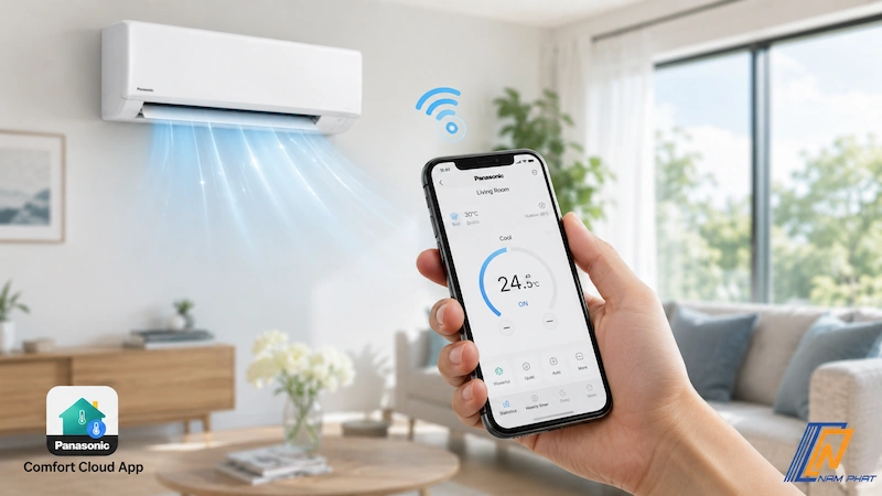 Người dùng sử dụng điện thoại để điều khiển từ xa qua ứng dụng Panasonic Comfort Cloud