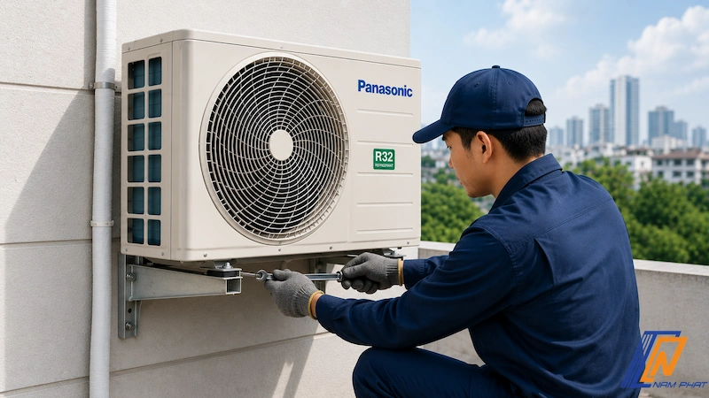 Kỹ thuật viên tiến hành lắp đặt dàn nóng điều hòa Panasonic đúng tiêu chuẩn