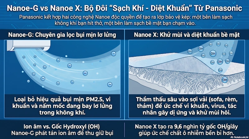Phân biệt cơ chế lọc bụi mịn của Nanoe-G và diệt khuẩn bề mặt của Nanoe X