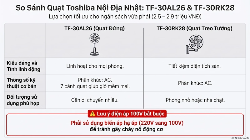 Bảng so sánh thông số kỹ thuật của hai mẫu quạt Toshiba đứng và treo tường