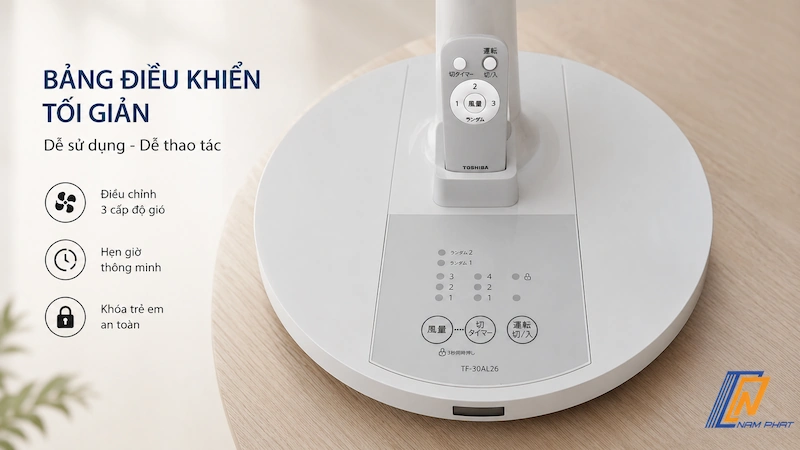 Màn hình hiển thị và bảng nút bấm điều khiển tối giản của quạt Toshiba