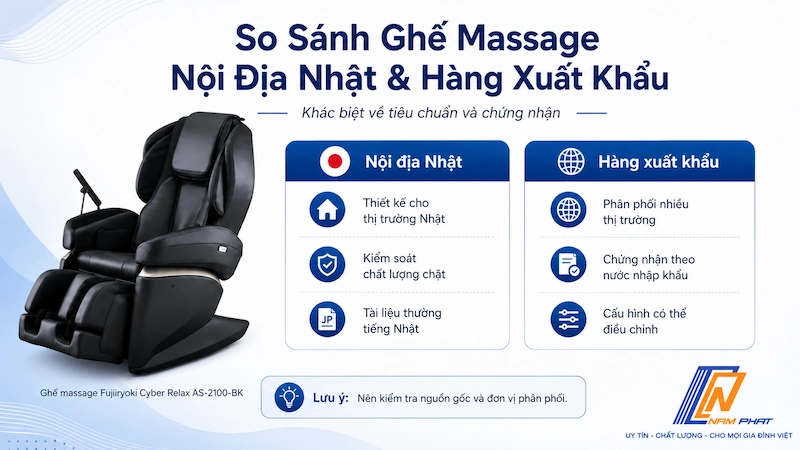 So sánh ghế massage nội địa Nhật và hàng xuất khẩu theo tiêu chuẩn y tế.