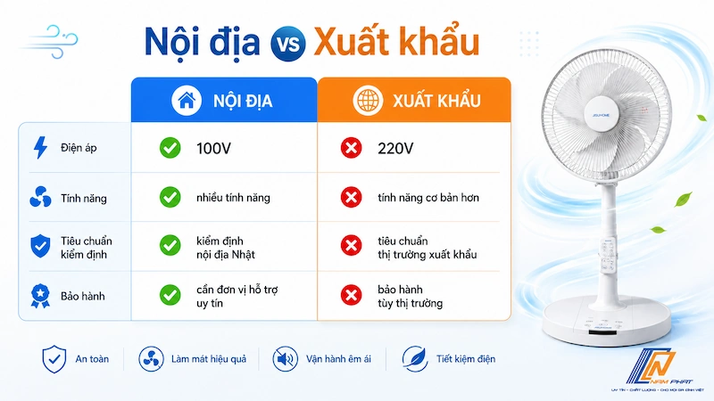 So sánh hàng Nhật nội địa và hàng Nhật xuất khẩu về điện áp, tính năng và tiêu chuẩn chất lượng.