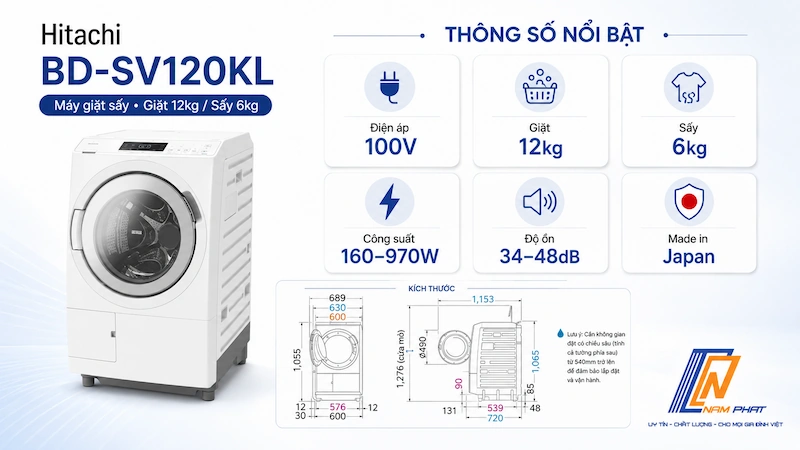 Bảng thông số kỹ thuật máy giặt Hitachi BD-SV120KL nội địa Nhật.