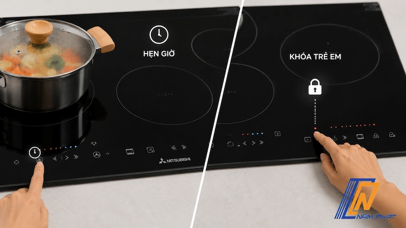 Cài đặt hẹn giờ đun nấu và chế độ khóa trẻ em trên bếp từ Mitsubishi nội địa Nhật