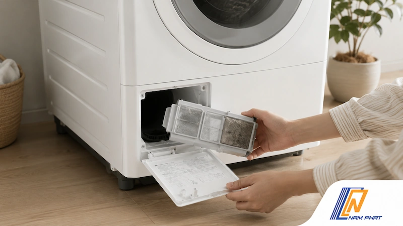 Vệ sinh định kỳ bộ lọc xơ vải Raku Maintenance nằm ở góc dưới của máy