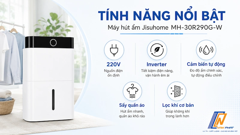 Các tính năng nổi bật của máy hút ẩm Jisuhome gồm Inverter, cảm biến tự động và sấy quần áo.