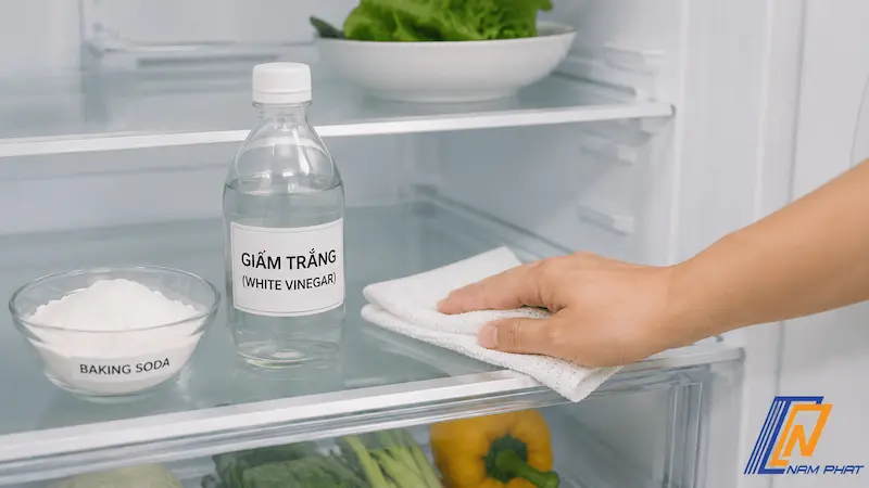 Dùng giấm trắng pha loãng và baking soda lau sạch khay tủ lạnh