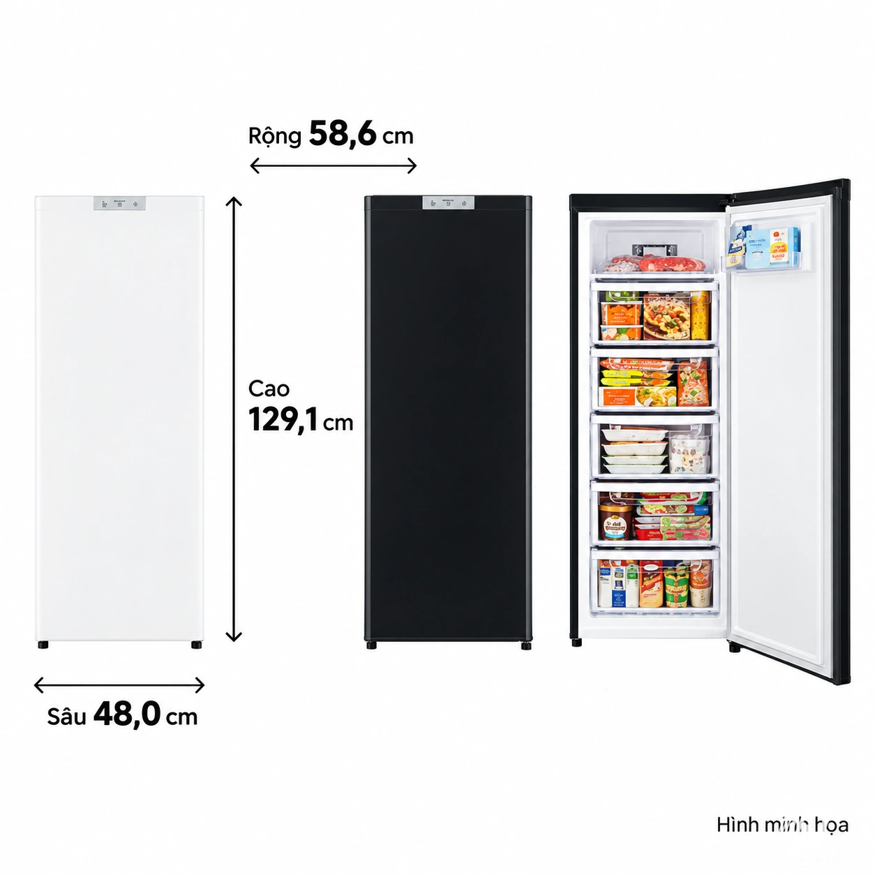 Kích thước thân tủ đông Mitsubishi MF-U14K rộng 480 sâu 586 cao 1291 mm