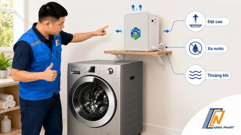 Cách lắp biến áp an toàn cho máy giặt Nhật nội địa - đặt cao, thoáng khí, xa nguồn nước.