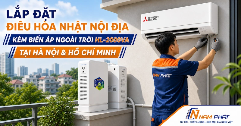 Lắp đặt điều hòa nhật nội địa kèm biến áp ngoài trời HL-2000VA tại Hà Nội
