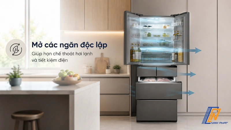 Mở các ngăn độc lập giúp hạn chế thoát hơi lạnh và tiết kiệm điện
