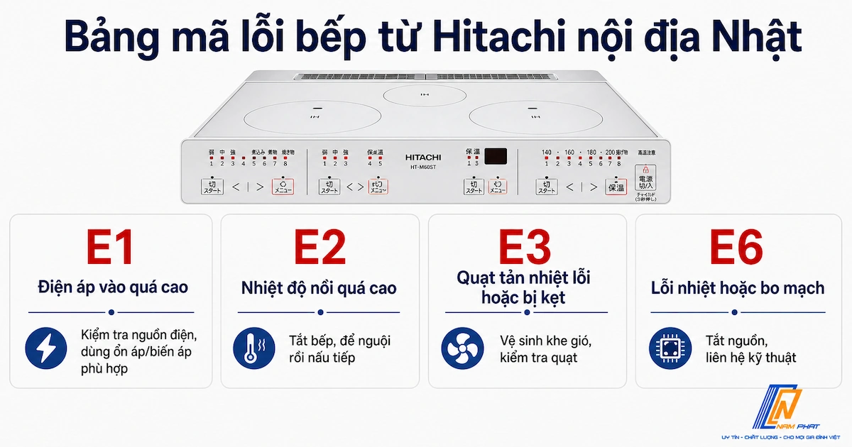 Bảng mã lỗi bếp từ Hitachi nội địa Nhật - E1 E2 E3 E6 và cách xử lý