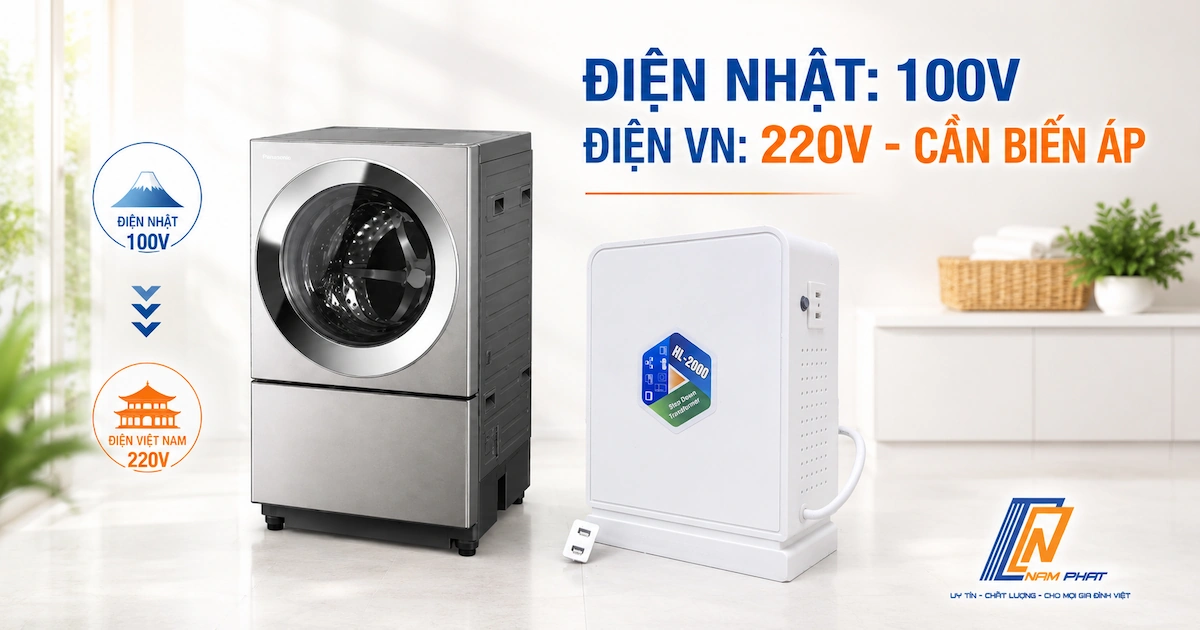 Máy giặt Nhật nội địa 100V cần dùng kèm biến áp khi lắp đặt tại Việt Nam.