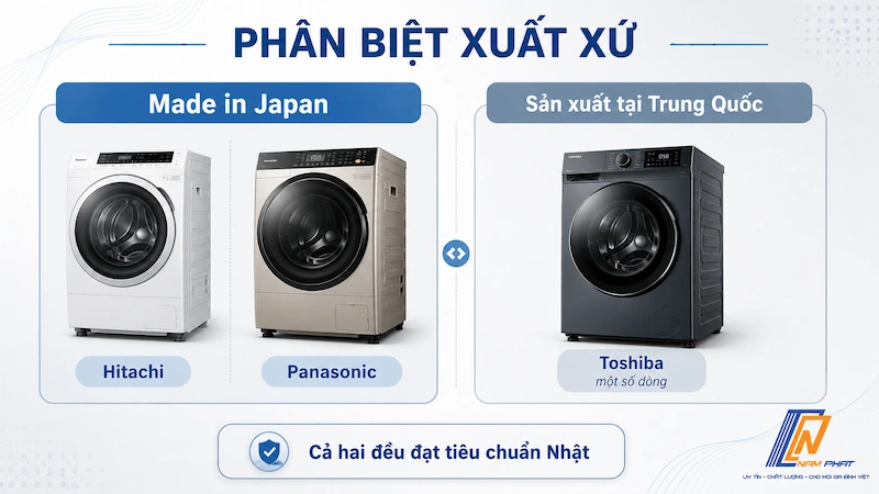 Phân biệt máy giặt nội địa Nhật Made in Japan và sản xuất tại Trung Quốc - tiêu chuẩn kiểm định như nhau.