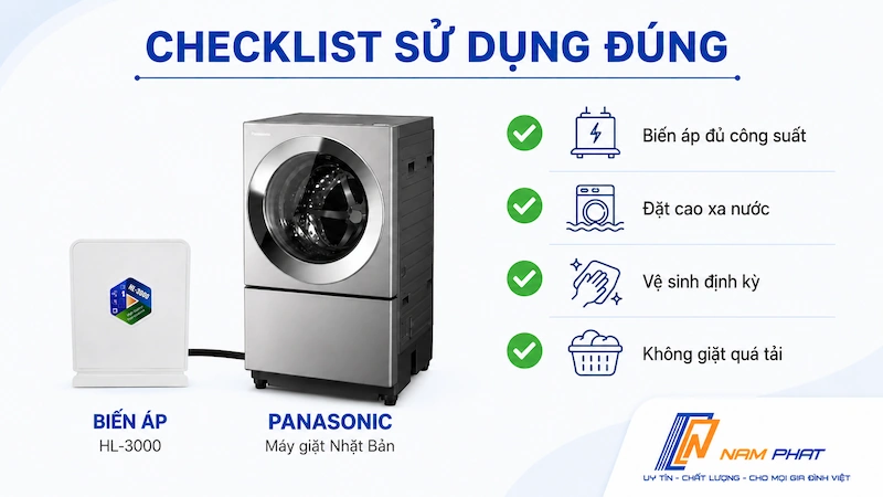 Bí quyết dùng máy giặt Nhật nội địa bền lâu tại Việt Nam - biến áp đúng, lắp đúng, bảo dưỡng đúng.