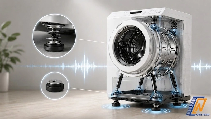 Hệ thống lò xo treo chịu lực và đệm cao su giảm chấn giúp máy vận hành êm ái