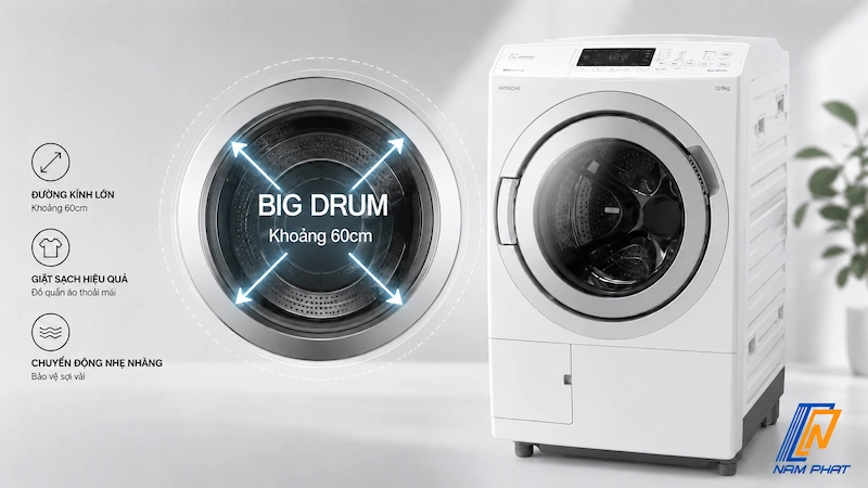 Thiết kế lồng giặt đường kính lớn Big Drum của máy giặt lồng ngang Hitachi