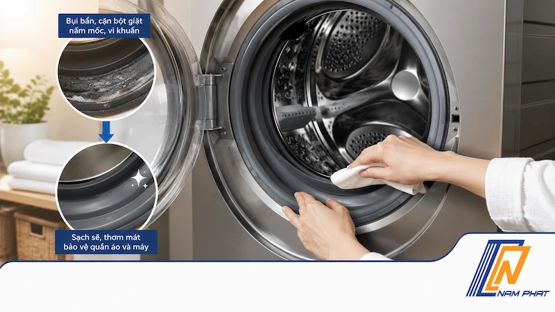 Gioăng cao su lồng giặt của máy giặt sấy cần được vệ sinh lau chùi thường xuyên