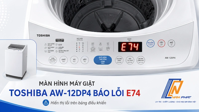 Màn hình máy giặt Toshiba AW-12DP4 hiển thị lỗi E74 trên bảng điều khiển