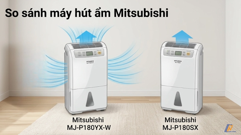 So sánh máy hút ẩm Mitsubishi MJ-P180YX-W và MJ-P180SX cho phòng 20 đến 45 mét vuông.