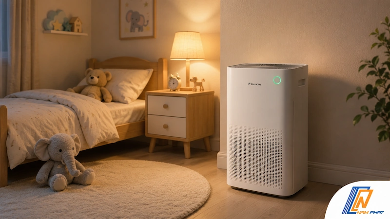 Máy lọc không khí Daikin nội địa Nhật đặt trong phòng ngủ trẻ em, đèn báo chất lượng không khí xanh.