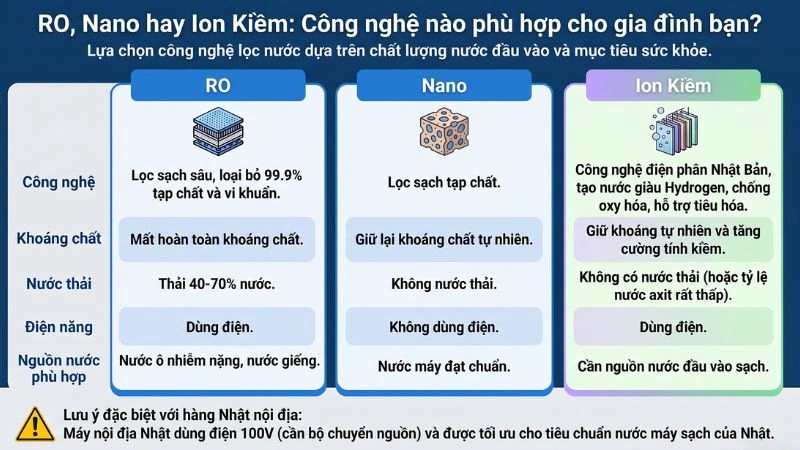 Bảng so sánh các công nghệ lọc nước phổ biến RO, Nano và Ion kiềm