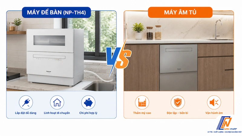 So sánh máy rửa bát Nhật để bàn và âm tủ - loại nào phù hợp gia đình bạn.